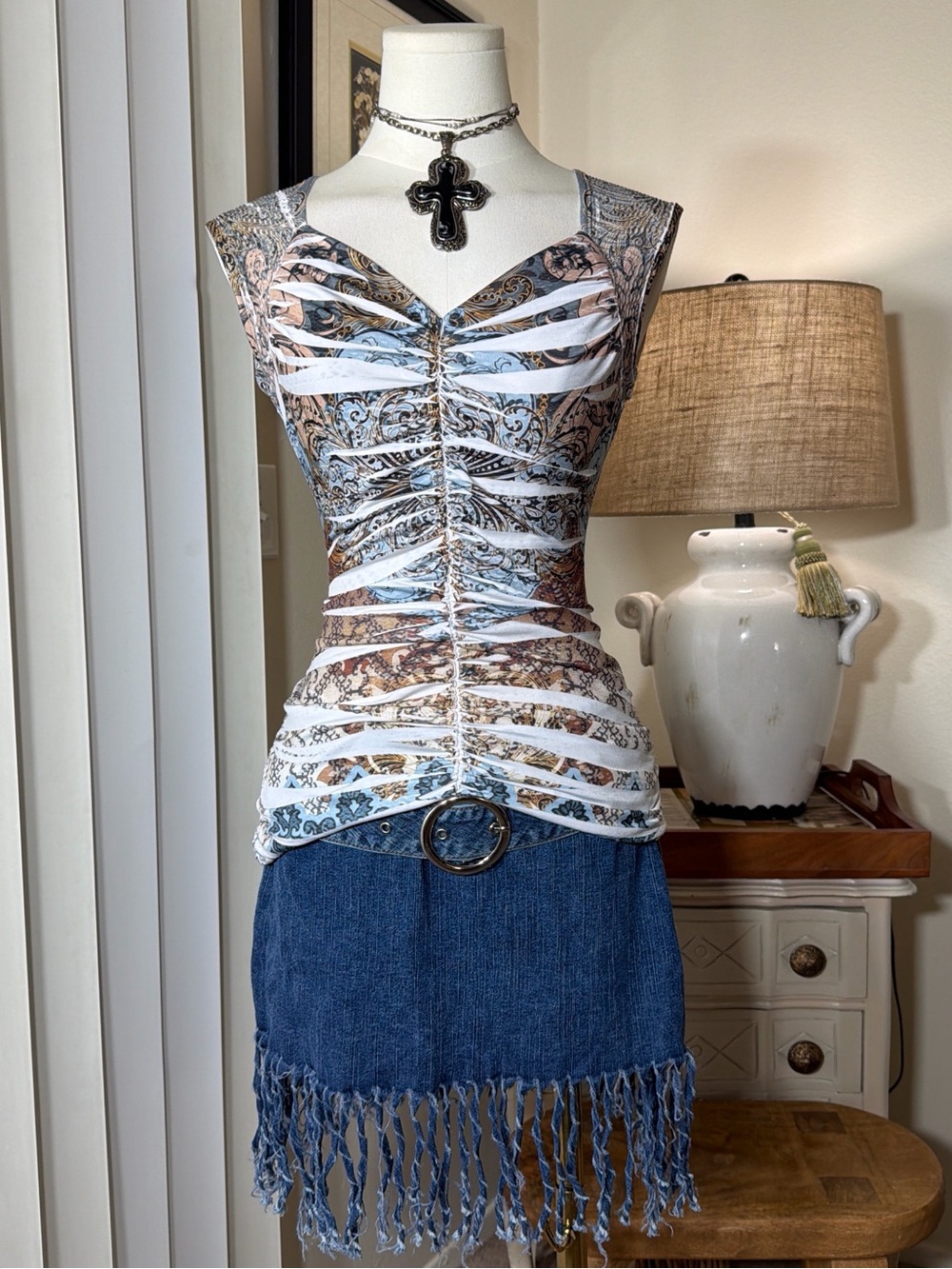 Lipstick Boutique White, Blue and Brown Paisley Ruched Lace-Up Short Sleeve Top
